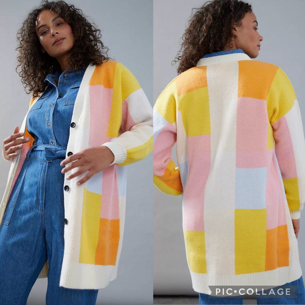 Anthropologie Amadi Long Sleeve Pastel Colorblocked Button Front Cardigan XS
